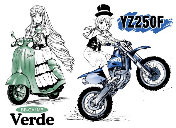 shirayuki shoushirou, souseiseki, suiseiseki, rozen maiden, vespa, vehicle, 00s, 2girls, dirtbike, dress, hat, long hair, motor vehicle, motorcycle, multiple girls, scooter, short hair, siblings, sisters, sitting, top hat, twins, very long hair, wheelie