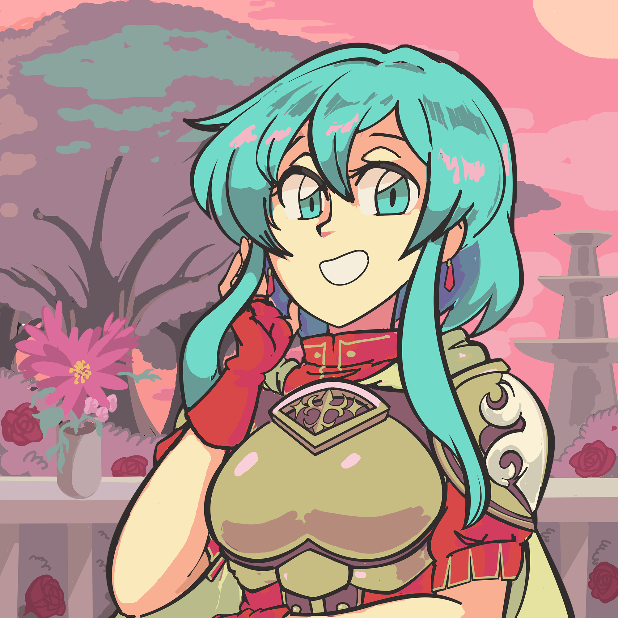 davewaterfalls, eirika (fire emblem), fire emblem, fire emblem: the sacred stones, nintendo, alternate hairstyle, boobplate, breastplate, earrings, fingerless gloves, flower, gloves, green eyes, green hair, hand on own cheek, hand on own face, jewelry, looking at viewer, outdoors, pauldrons, rose, short hair, shoulder armor, tree