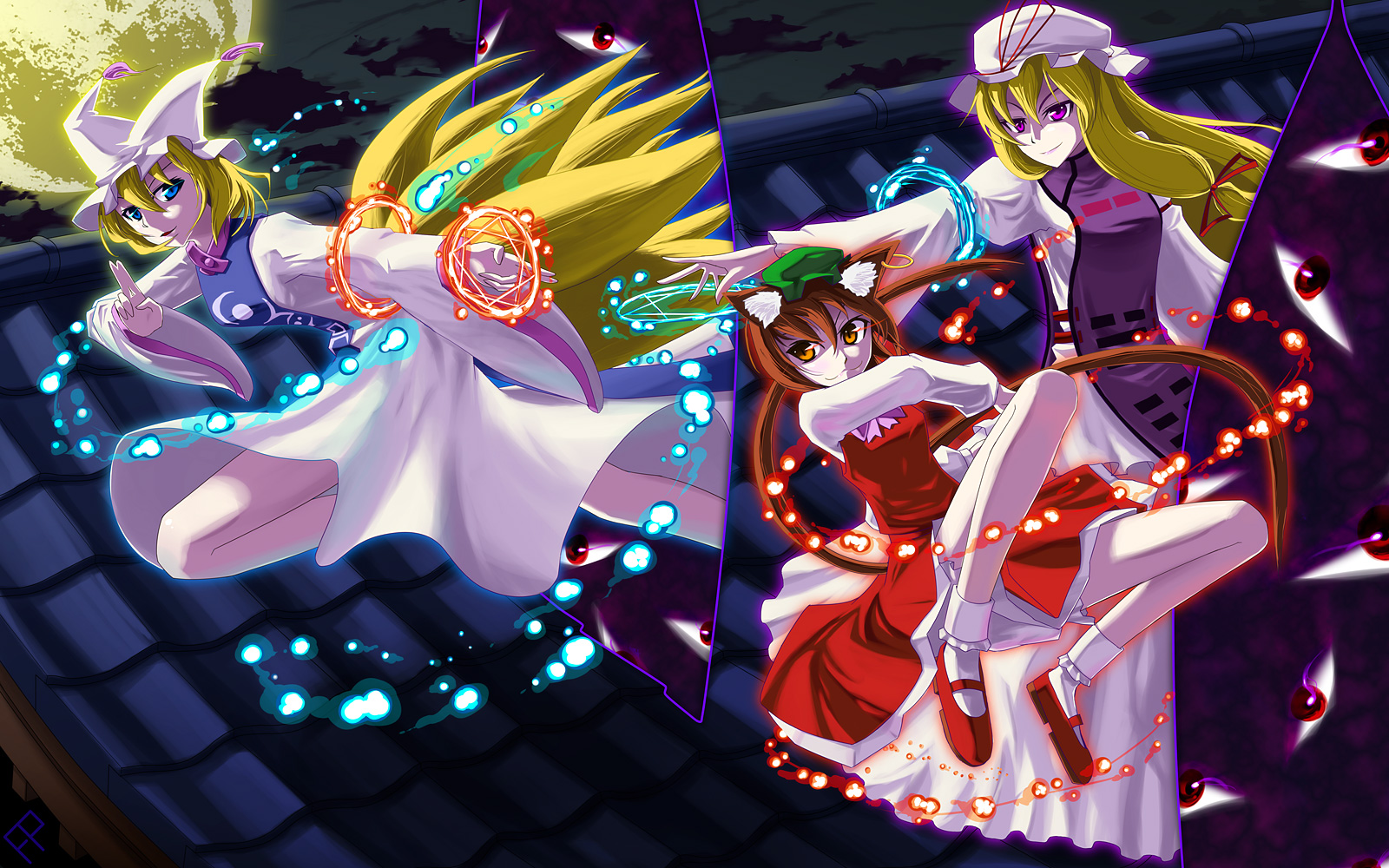 din (artist), din (flypaper), chen, yakumo ran, yakumo yukari, touhou, bad id, bad pixiv id, highres, 3girls, alternate eye color, animal ears, animal hat, blonde hair, blue eyes, brown eyes, brown hair, cat ears, cat girl, cat tail, earrings, female focus, fox tail, gap (touhou), hat, hat ribbon, jewelry, long hair, long sleeves, magic circle, mob cap, multiple girls, multiple tails, purple eyes, ribbon, shoes, short hair, single earring, socks, tail, tassel, wide sleeves