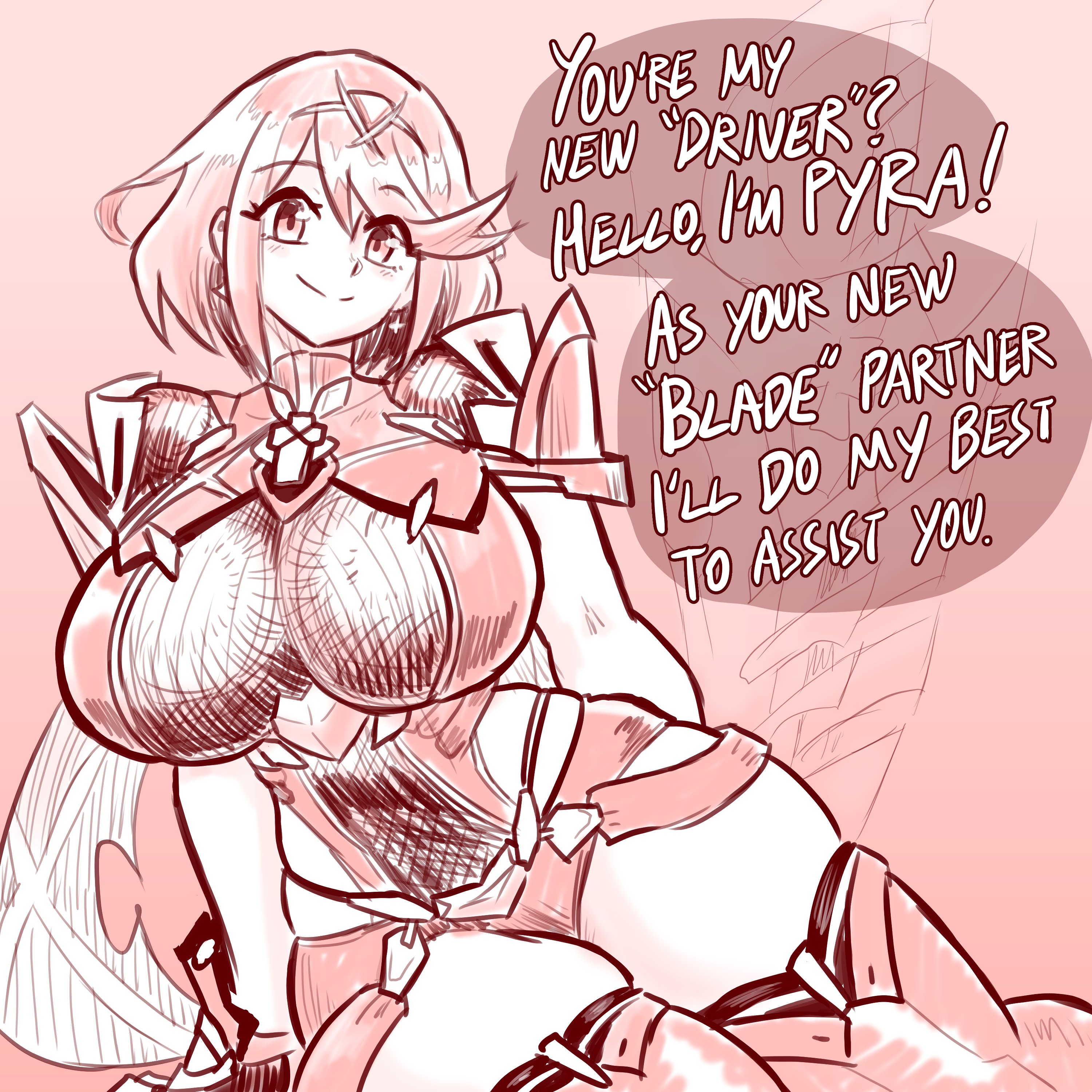 sawplanik, pyra (xenoblade), xenoblade chronicles (series), xenoblade chronicles 2, absurdres, highres, 1girl, breasts, english text, large breasts, monochrome, short hair