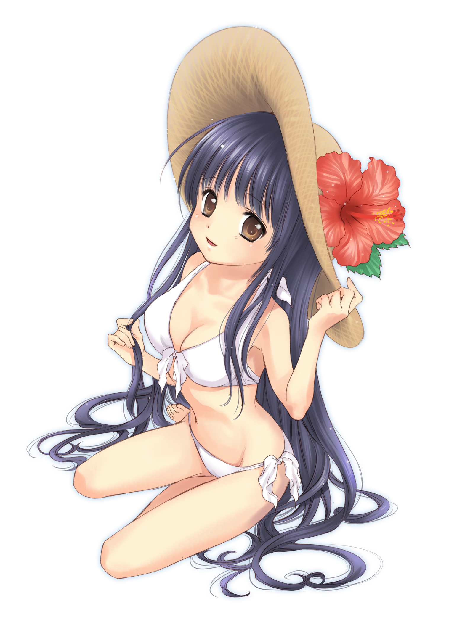 amano sakuya, bad id, bad pixiv id, highres, 1girl, bikini, black hair, brown eyes, female focus, flower, front-tie top, full body, hat, hibiscus, long hair, looking at viewer, side-tie bikini bottom, simple background, solo, straw hat, swimsuit, white background