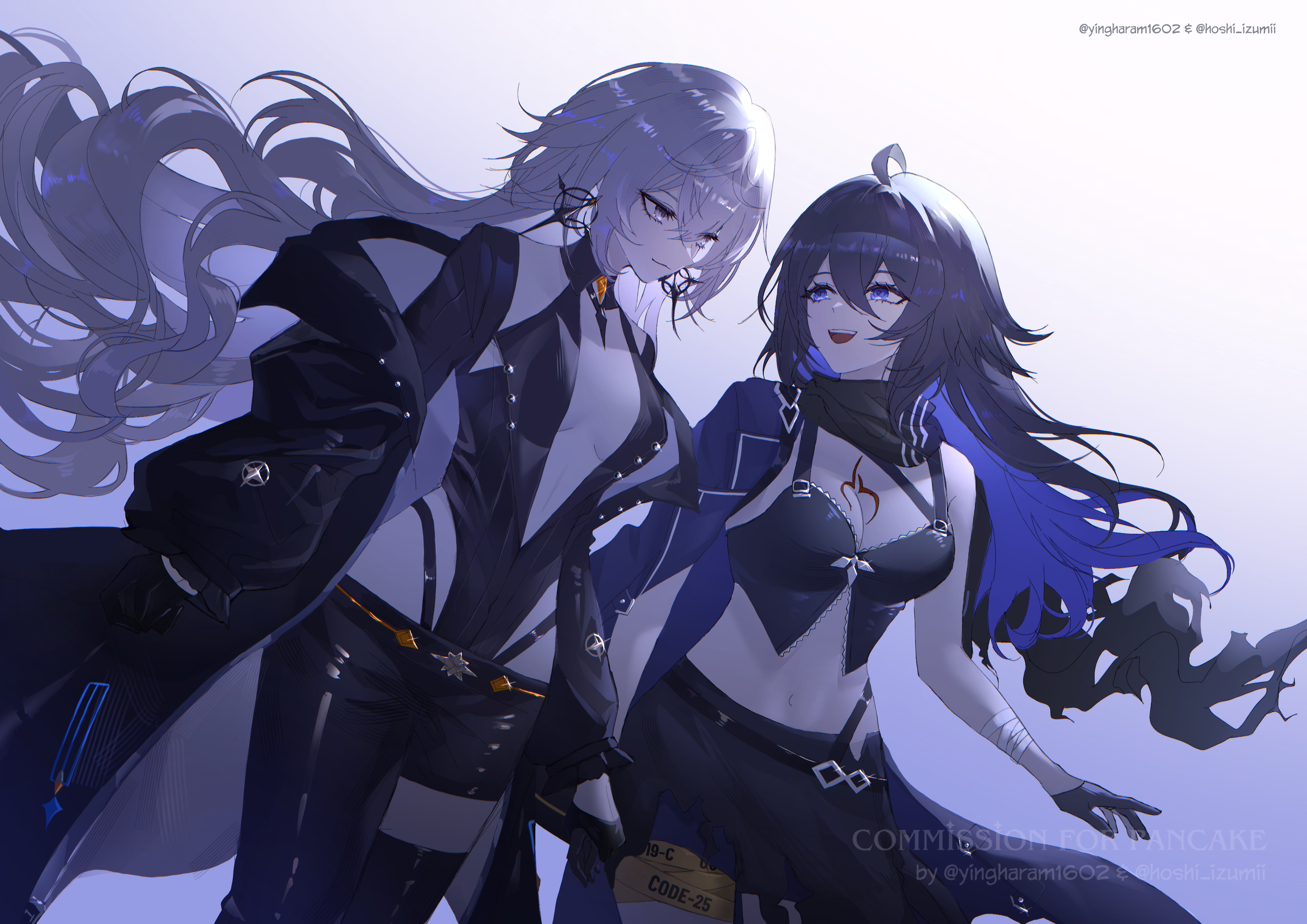 ying haram, bronya zaychik, seele vollerei, benghuai xueyuan, honkai (series), absurdres, commentary, commission, english commentary, highres, 2girls, aged up, ahoge, alternate design, arm out of sleeve, asymmetrical clothes, bandaged arm, bandages, black gloves, black jacket, black leotard, black pants, black skirt, breasts, center opening, chest tattoo, closed mouth, colored inner hair, earrings, gloves, grey eyes, grey hair, hair between eyes, jacket, jewelry, leotard, long hair, looking at another, medium breasts, midriff, multicolored hair, multiple girls, navel, open mouth, pants, purple hair, purple jacket, single pantsleg, skirt, smile, tattoo, thighs