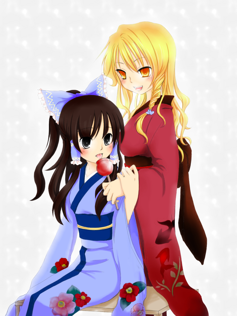 momo michi, hakurei reimu, kirisame marisa, touhou, bad id, bad pixiv id, highres, 2girls, blonde hair, bow, braid, brown hair, female focus, japanese clothes, kimono, multiple girls, short hair, yellow eyes