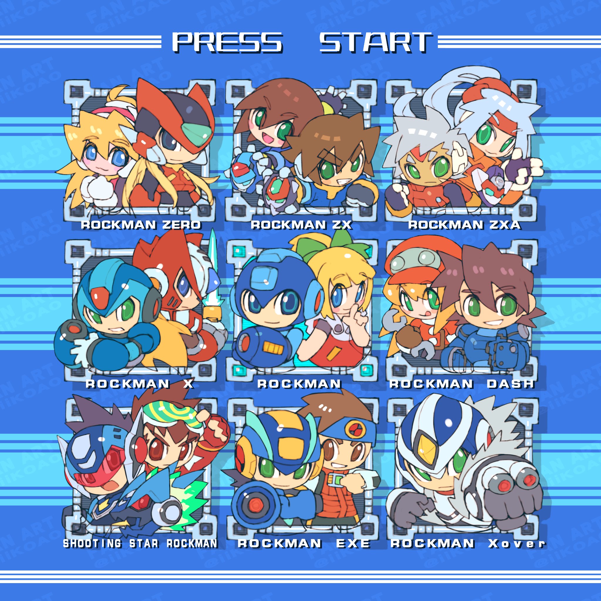iikoao, aile (mega man zx), ashe (mega man), ciel (mega man), geo stelar (mega man), grey (mega man), lan hikari (mega man), mega man (character), mega man volnutt, megaman.exe, model a (mega man), model x (mega man), model z (mega man), omega-xis (mega man), over-1 (mega man), roll (mega man), roll caskett (mega man), vent (mega man), x (mega man), zero(z) (mega man), zero (mega man), mega man (classic), mega man (series), mega man battle network (series), mega man legends (series), mega man star force (series), mega man x (series), mega man zero (series), mega man zx, mega man zx advent, rockman xover, commentary request, highres, 5girls, 6+boys, :d, :q, android, aqua hair, arm cannon, armor, battle chip, biometal, black gloves, blonde hair, blue armor, blue eyes, blue headband, blue helmet, bow, brown eyes, brown gloves, brown hair, copyright name, energy sword, english text, forehead jewel, gloves, goggles, goggles on head, green bow, green eyes, grey hair, hair between eyes, hair bow, happy, hat, headband, helmet, holding, holding sword, holding weapon, long hair, looking at viewer, multiple boys, multiple girls, netnavi, open mouth, orange vest, ponytail, red-tinted eyewear, red armor, red hat, red helmet, serious, short hair, smile, spiked hair, star force mega man, sword, tinted eyewear, tongue, tongue out, vest, weapon, white gloves, z saber