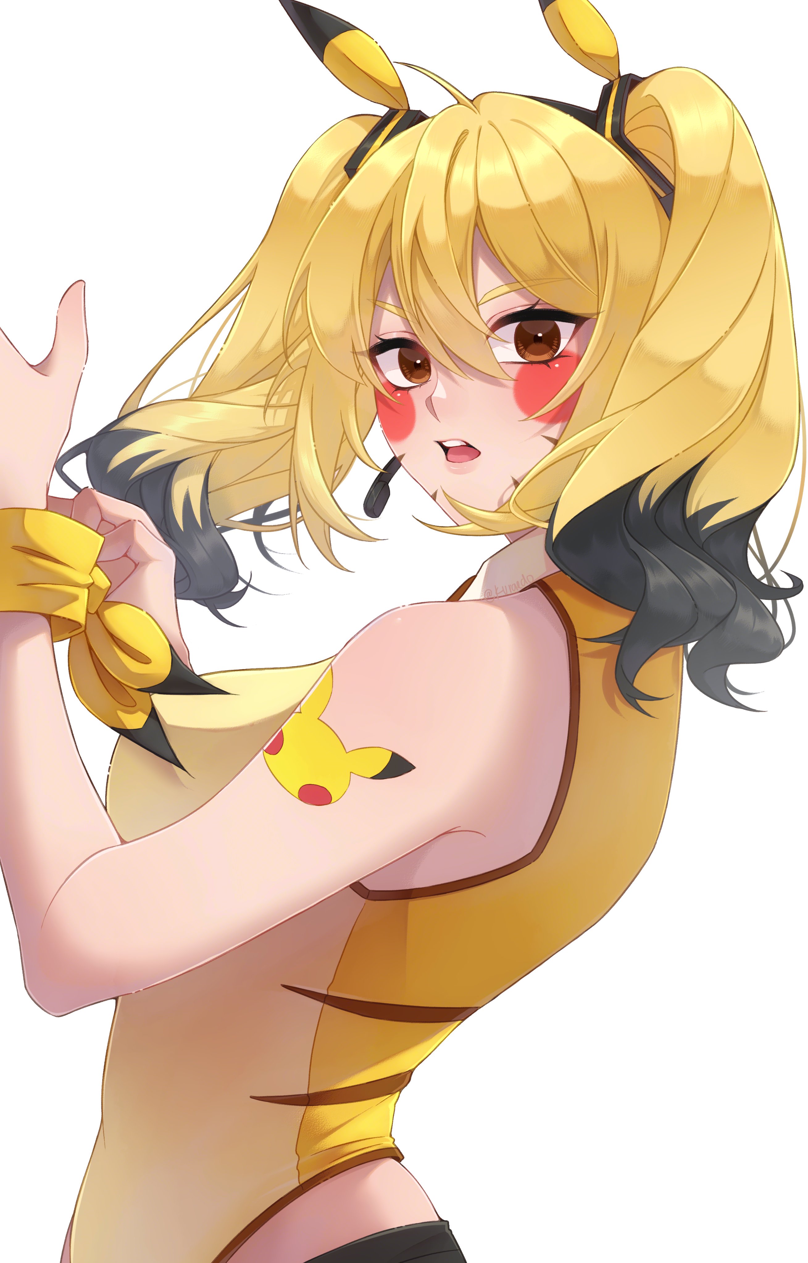 kuraedo, nintendo, pokemon, vocaloid, absurdres, commentary, highres, 1girl, ahoge, arm tattoo, bare arms, blonde hair, blush stickers, breasts, brown eyes, colored tips, double-parted bangs, from side, hair between eyes, hands up, headset, leotard, long hair, looking at viewer, medium breasts, michu (crim7x), multicolored hair, open mouth, simple background, solo, tattoo, twintails, upper body, white background, yellow leotard