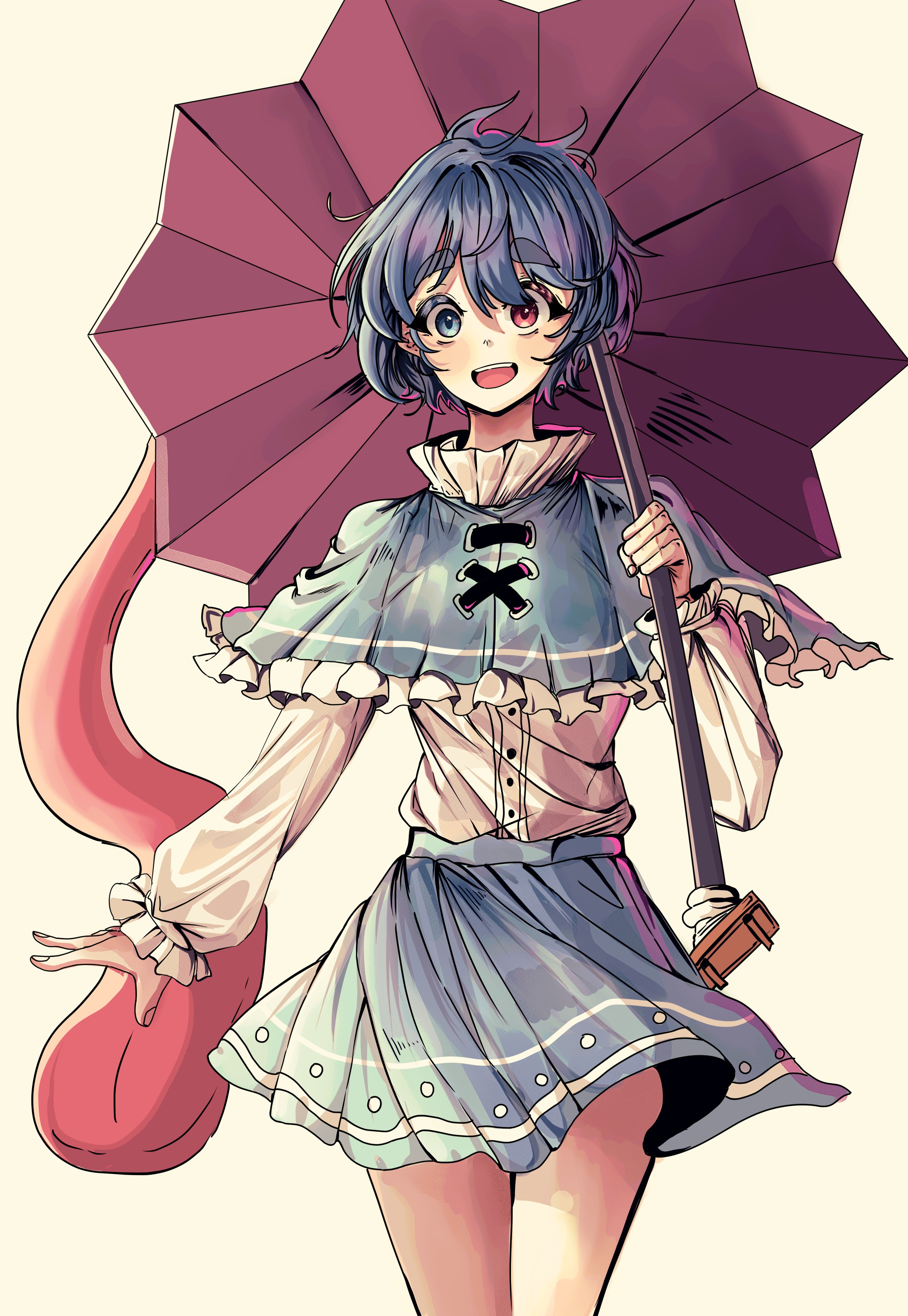 tatara kogasa, touhou, absurdres, commentary, highres, 1girl, adapted costume, blue hair, capelet, cowboy shot, frilled shirt collar, frills, geta, heterochromia, holding, holding umbrella, karakasa obake, purple umbrella, shirt tucked in, simple background, solo, thick eyebrows, tongue, tongue out, tsukumogami, umbrella, user jnhm8724