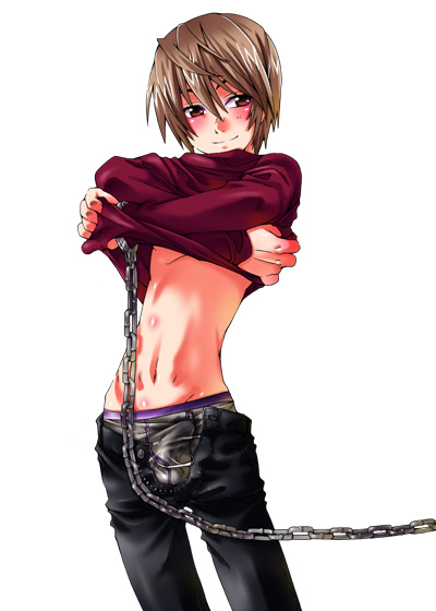 yagami light, death note, 00s, bdsm, blush, bondage, bound, bulge, chain, chained, clothes lift, erection, erection under clothes, male focus, penis, shirt lift