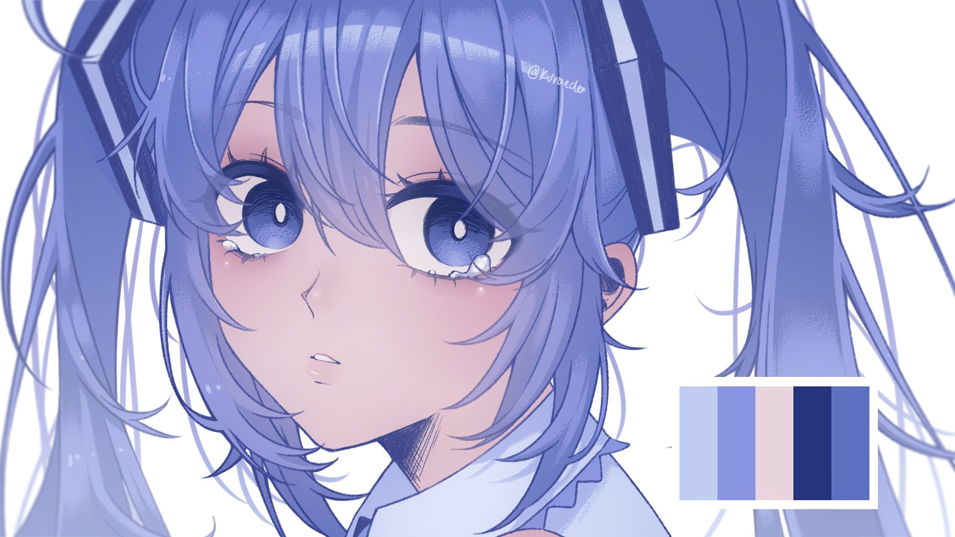 kuraedo, hatsune miku, vocaloid, commentary, english commentary, highres, 1girl, blue eyes, blue hair, bright pupils, color guide, double-parted bangs, hair between eyes, hair ornament, long hair, looking at viewer, parted lips, portrait, sad, simple background, solo, tearing up, twintails, white pupils