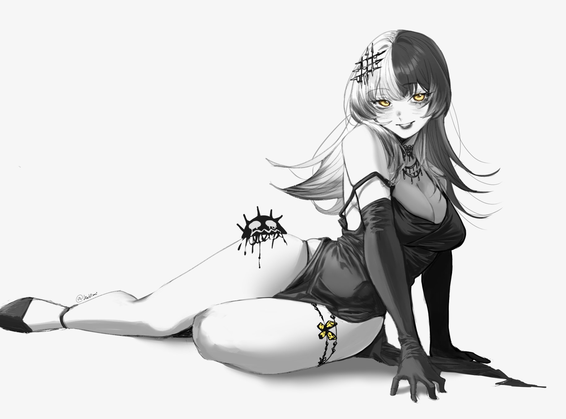 levvimi, shiori novella, yorick (shiori novella), hololive, hololive english, commentary, english commentary, highres, 1girl, alternate costume, arm support, blush, breasts, choker, dress, elbow gloves, gloves, greyscale, grin, hair ornament, lace, lace choker, large breasts, lipstick, long hair, looking at viewer, makeup, monochrome, multicolored hair, shoes, simple background, sitting, sleeveless, sleeveless dress, smile, solo, split-color hair, spot color, strap slip, twitter username, two-tone hair, virtual youtuber, yellow eyes, yokozuwari