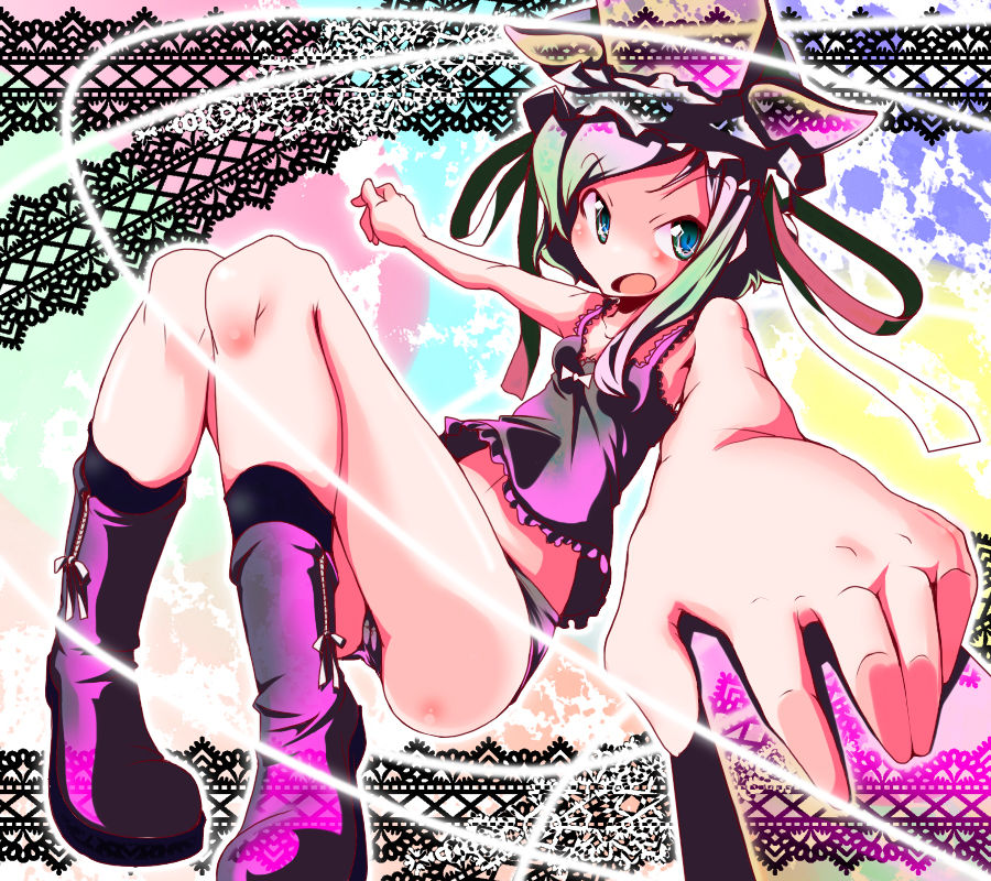 yofukashi, shiki eiki, touhou, 1girl, blue eyes, female focus, green hair, hat, lingerie, panties, solo, underwear