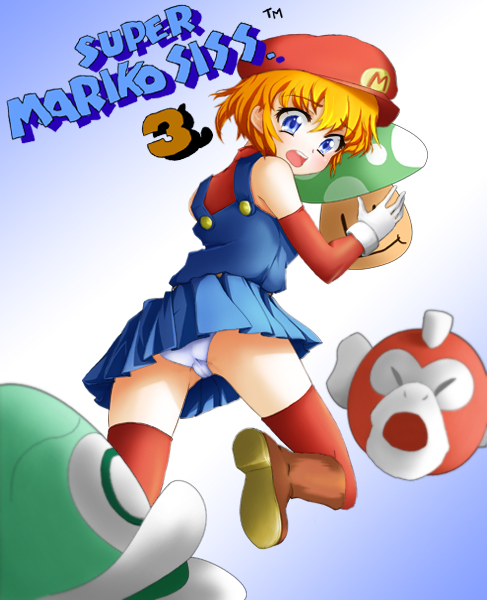 ochimusha, cheep cheep, mario, mario (series), nintendo, super mario bros. 3, 1-up mushroom, 1girl, 1up, arm warmers, bare shoulders, blue eyes, blush, boots, female focus, fish, genderswap, genderswap (mtf), gloves, hat, mushroom, orange hair, panties, pantyshot, skin tight, skirt, solo, tank top, thighhighs, underwear, zettai ryouiki