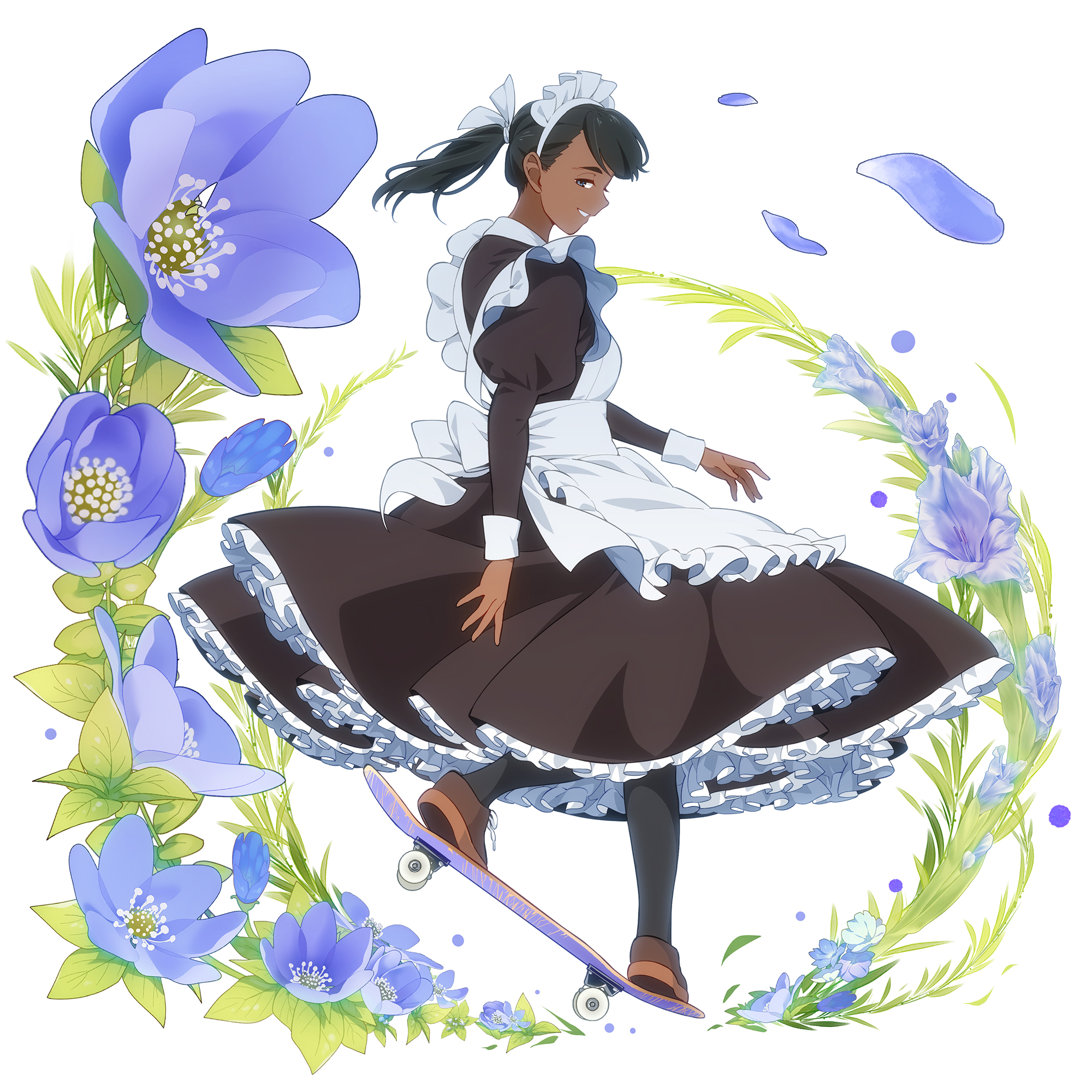 suzushiro (suzushiro333), original, commentary, english commentary, highres, 1girl, apron, black hair, black pantyhose, blue eyes, floral background, flower, frilled apron, frills, hair ribbon, looking at viewer, maid, maid apron, maid headdress, pantyhose, ribbon, skateboard, skateboarding, solo, white apron