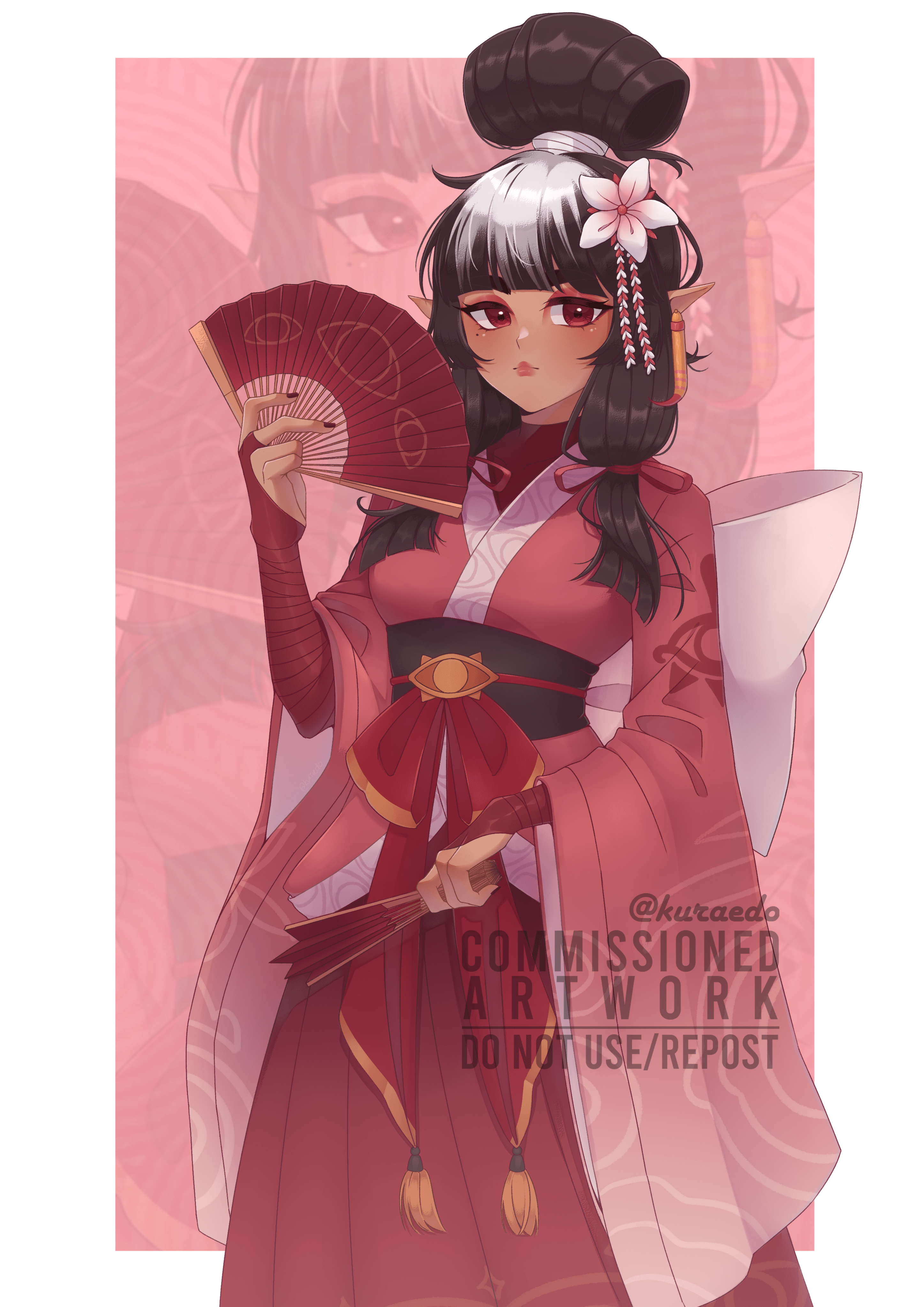 kuraedo, original, absurdres, commentary, commission, english commentary, highres, 1girl, black hair, black sash, blunt bangs, border, breasts, closed mouth, cowboy shot, dark-skinned female, dark skin, eyeshadow, flower, hair flower, hair ornament, hand fan, holding, holding fan, japanese clothes, kimono, long hair, long sleeves, looking at viewer, makeup, mole, mole under eye, outside border, pink background, pointy ears, red eyes, red eyeshadow, red kimono, red ribbon, ribbon, sash, watermark, white border, wide sleeves, zoom layer