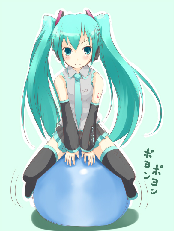 kuro (be ok), hatsune miku, vocaloid, bad id, bad pixiv id, 1girl, aqua hair, female focus, full body, sitting, solo, thighhighs, twintails, zettai ryouiki