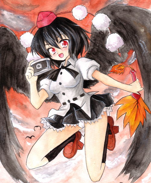 ochimusha, shameimaru aya, touhou, nib pen (medium), painting (medium), pen (medium), traditional media, watercolor (medium), 1girl, bird, black hair, black wings, blush, camera, female focus, geta, hand fan, hat, looking at viewer, open mouth, red eyes, sky, smile, solo, tengu-geta, tokin hat, wings