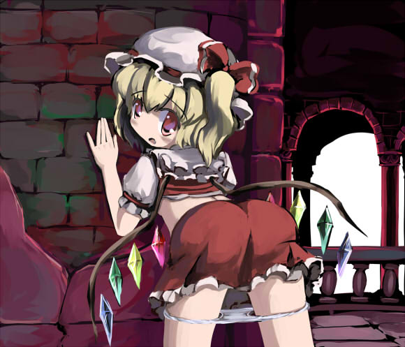 gatau, flandre scarlet, touhou, 1girl, ass, bent over, blonde hair, blouse, female focus, hat, looking back, mob cap, panties, panty pull, ponytail, red eyes, shirt, short hair, side ponytail, skirt, solo, underwear, white hat, white shirt, wings