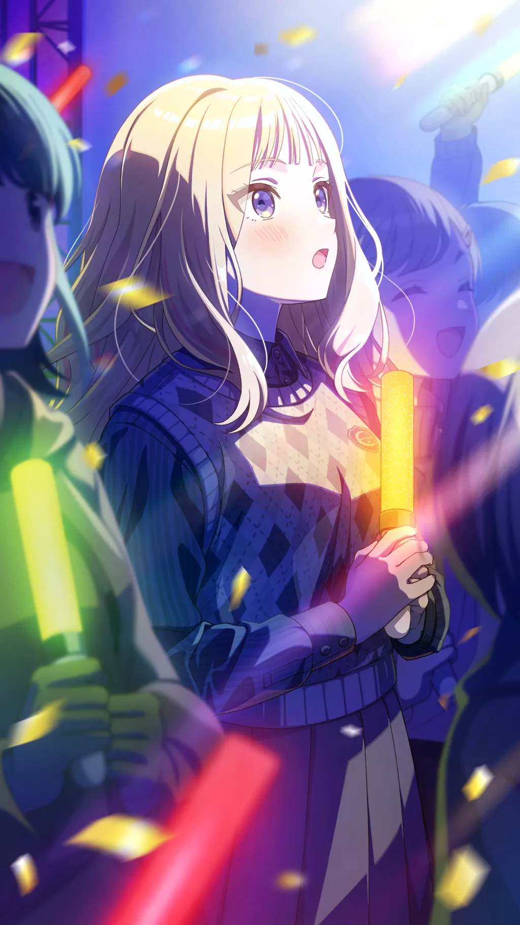 juo sena, gakuen idolmaster, idolmaster, game cg, official art, blonde hair, blue eyes, brown hair, buttons, closed eyes, collared shirt, confetti, glowstick, grey hair, holding, open mouth, pleated skirt, shirt, skirt, sweater vest