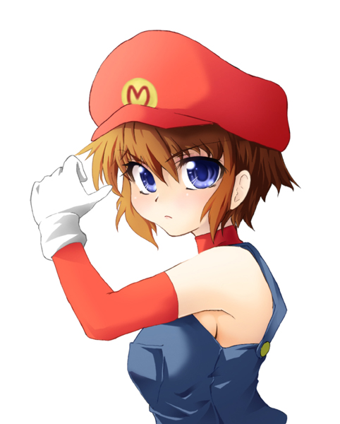 ochimusha, mario, mario (series), nintendo, gender request, 1girl, arm warmers, armpits, bare shoulders, blue eyes, brown hair, female focus, genderswap, gloves, hat, overalls, short hair, simple background, solo, upper body