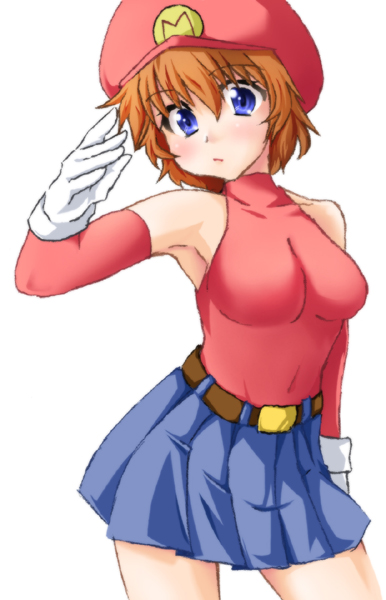 ochimusha, mario, mario (series), nintendo, 1girl, arm warmers, armpits, bare shoulders, belt, blue eyes, breasts, brown hair, cleavage, female focus, genderswap, genderswap (mtf), gloves, halterneck, hat, medium breasts, pleated skirt, short hair, simple background, skin tight, skirt, solo