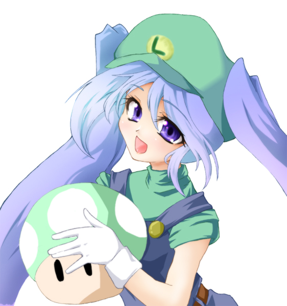 ochimusha, luigi, mario (series), nintendo, 1-up mushroom, 1girl, 1up, blouse, blue hair, blue overalls, cosplay, costume, female focus, genderswap, genderswap (mtf), gloves, green hat, green shirt, half-closed eyes, hat, luigi (cosplay), mushroom, overalls, purple eyes, shirt, simple background, solo, twintails