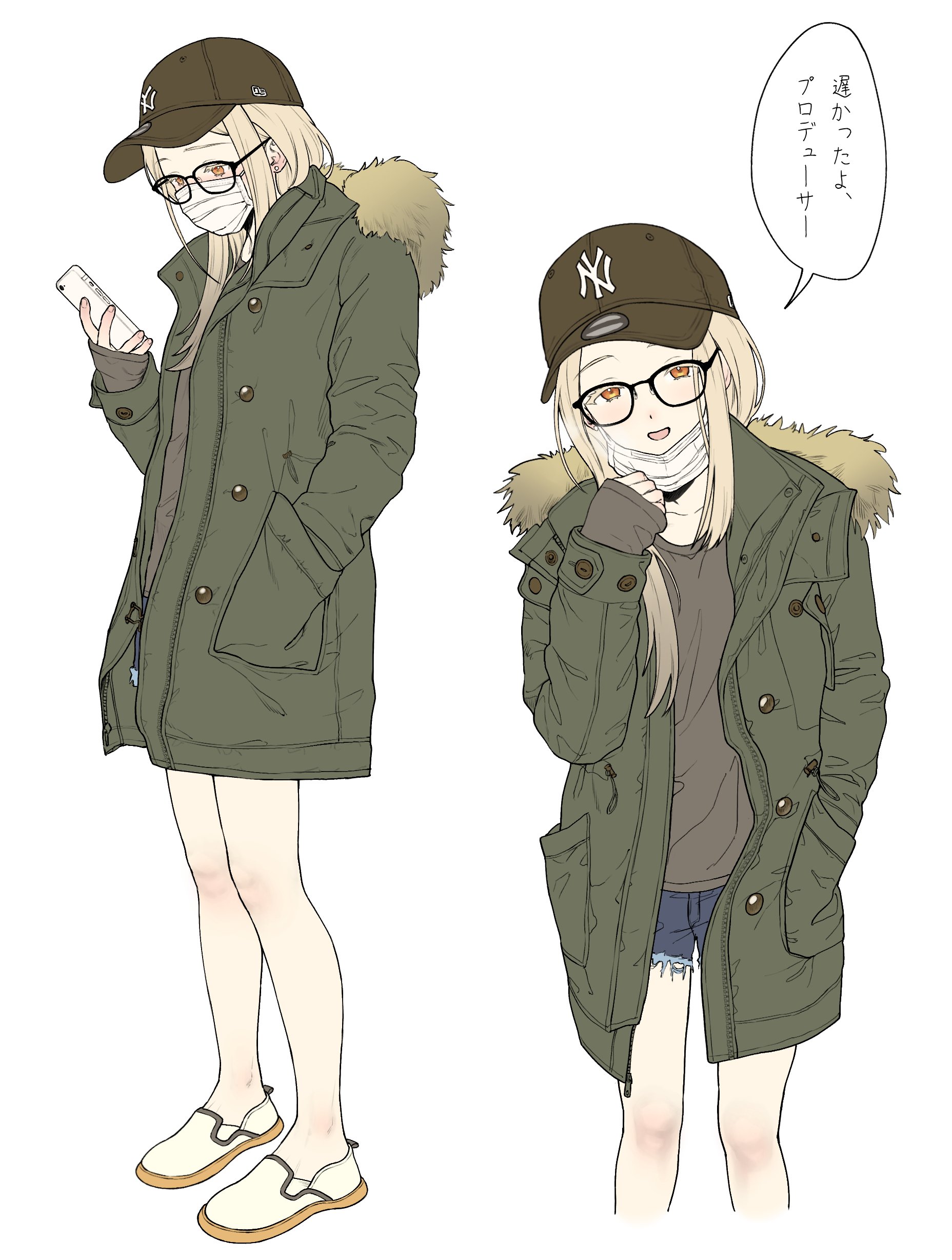 imaninjaguy, shinosawa hiro, gakuen idolmaster, idolmaster, absurdres, highres, translation request, 1girl, baseball cap, black-framed eyewear, blonde hair, blue shorts, brown hat, cellphone, coat, colored eyelashes, cropped legs, denim, denim shorts, earrings, full body, fur-trimmed coat, fur trim, glasses, green coat, grey shirt, hand in pocket, hand up, hat, holding, holding phone, jewelry, long hair, long sleeves, looking at phone, looking at viewer, looking down, mask, mask pull, mouth mask, multiple views, orange eyes, phone, shirt, shoes, short shorts, shorts, simple background, sleeves past wrists, smartphone, stud earrings, surgical mask, white background, white shoes