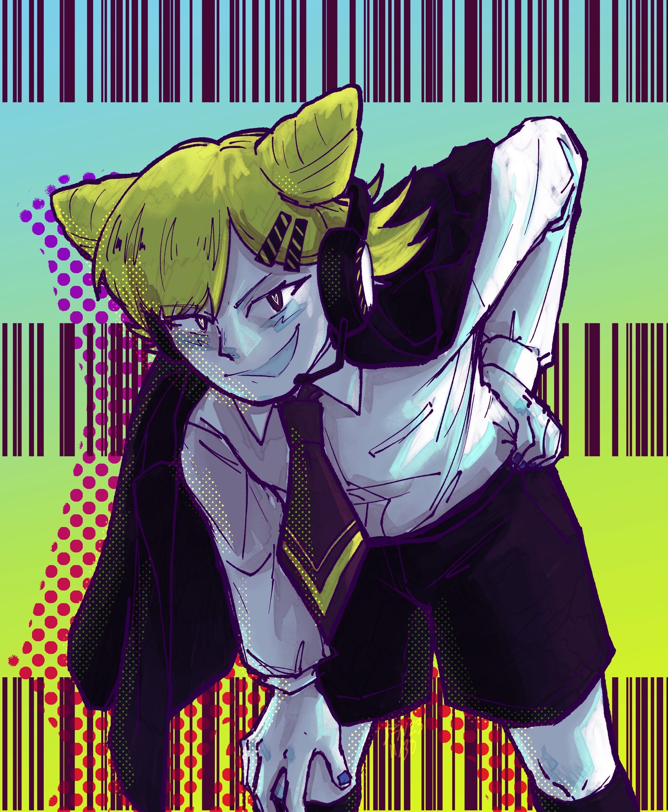 absurdres, highres, 1girl, barcode, black eyes, black socks, blonde hair, blue nails, grin, hair horns, hair ornament, hairclip, hand on own knee, headphones, heart, heart-shaped pupils, jacket, jacket on shoulders, kneehighs, leaning forward, looking at viewer, medium hair, model employee (nth circle), necktie, pale skin, penny (model employee), sharkinfishnetz, shirt, smile, socks, solo, symbol-shaped pupils, white shirt