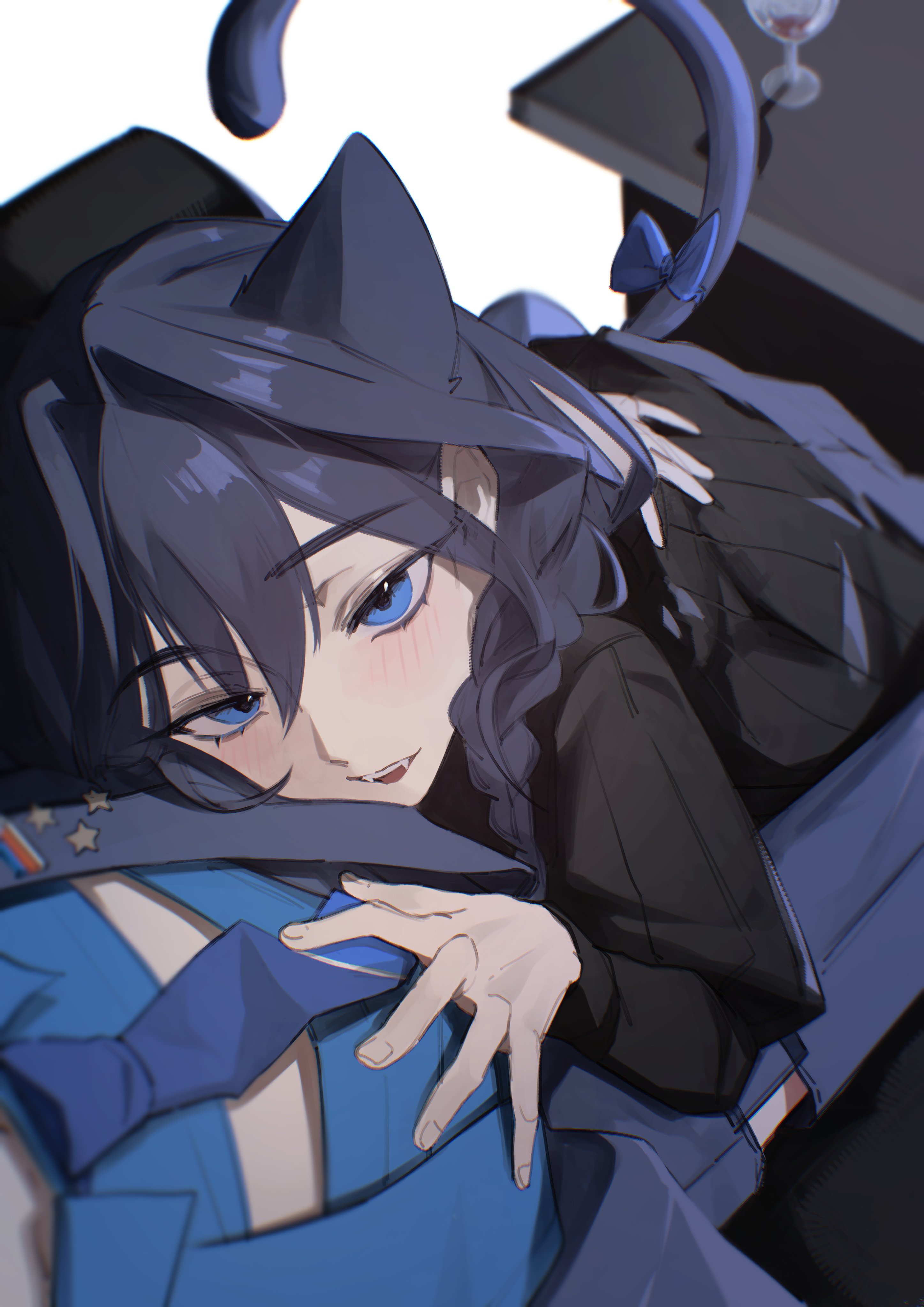 hunk 404, ouro kronii, ouro kronii (4th costume), ouro kronii (maid), hololive, absurdres, highres, 1girl, animal ears, black dress, blue eyes, blue hair, blue necktie, blue ribbon, blue shirt, blush, bow, braid, cat ears, cat girl, cat tail, dress, dual persona, fangs, from above, hand on another's chest, juliet sleeves, kemonomimi mode, long sleeves, looking at viewer, looking up, low twin braids, necktie, official alternate costume, official alternate hairstyle, open mouth, pov, puffy sleeves, ribbon, selfcest, shirt, tail, tail bow, tail ornament, tail ribbon, twin braids, virtual youtuber, yuri