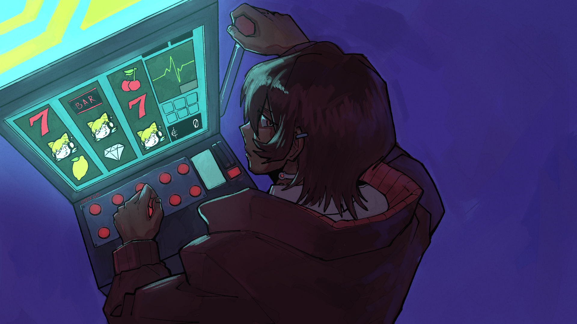 alt text, commentary, english commentary, highres, 1girl, bailey (model employee), blue background, cardiogram, dark skin, dated, earclip, gambling, hair between eyes, jacket, model employee (nth circle), penny (model employee), red eyes, sharkinfishnetz, short hair, slot machine, standing