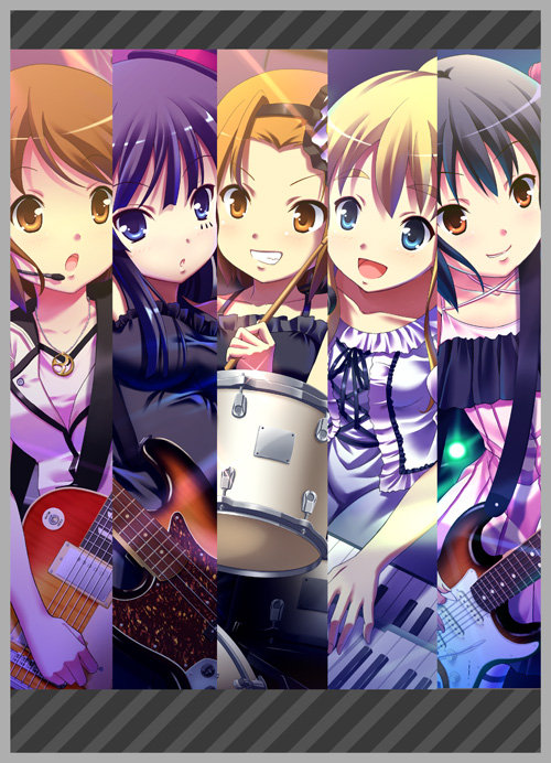 uehara yukihiko, akiyama mio, hirasawa yui, kotobuki tsumugi, nakano azusa, tainaka ritsu, don't say "lazy", k-on!, bad id, bad pixiv id, 00s, 5girls, bass guitar, black hair, blonde hair, blue eyes, brown eyes, brown hair, column lineup, drum, electric guitar, fender jazz bass, fender stratocaster, frills, gibson les paul, guitar, ho-kago tea time, instrument, keyboard, keyboard (instrument), long hair, microphone, multiple girls, short hair, strat (guitar), synthesizer