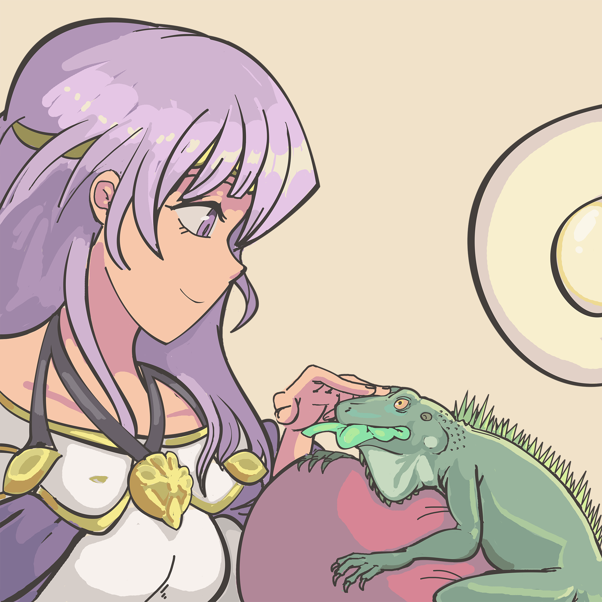 davewaterfalls, julia (fire emblem), fire emblem, fire emblem: genealogy of the holy war, nintendo, 1girl, bare shoulders, circlet, iguana (animal), lizard, long hair, petting, purple eyes, purple hair, solo