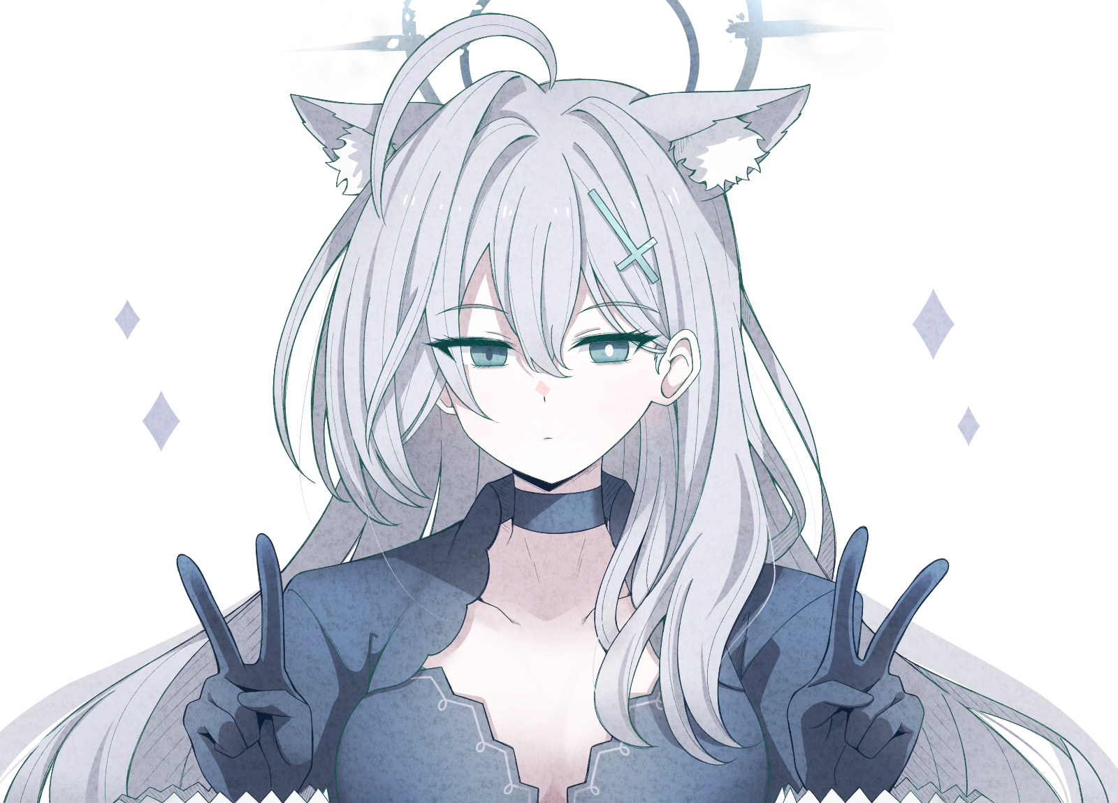 karikura (atatata71), shiroko terror (blue archive), blue archive, commentary request, highres, 1girl, ahoge, animal ear fluff, animal ears, black choker, black dress, black gloves, black halo, blue eyes, breasts, bright pupils, broken halo, choker, cleavage, closed mouth, collarbone, cross, cross hair ornament, dark halo, double v, dress, expressionless, extra ears, eyelashes, gloves, grey hair, hair behind ear, hair between eyes, hair ornament, halo, hands up, huge ahoge, inverted cross, long hair, long sleeves, looking at viewer, mismatched pupils, simple background, solo, sparkle, tsurime, upper body, v, white background, white pupils, wolf ears, wolf girl