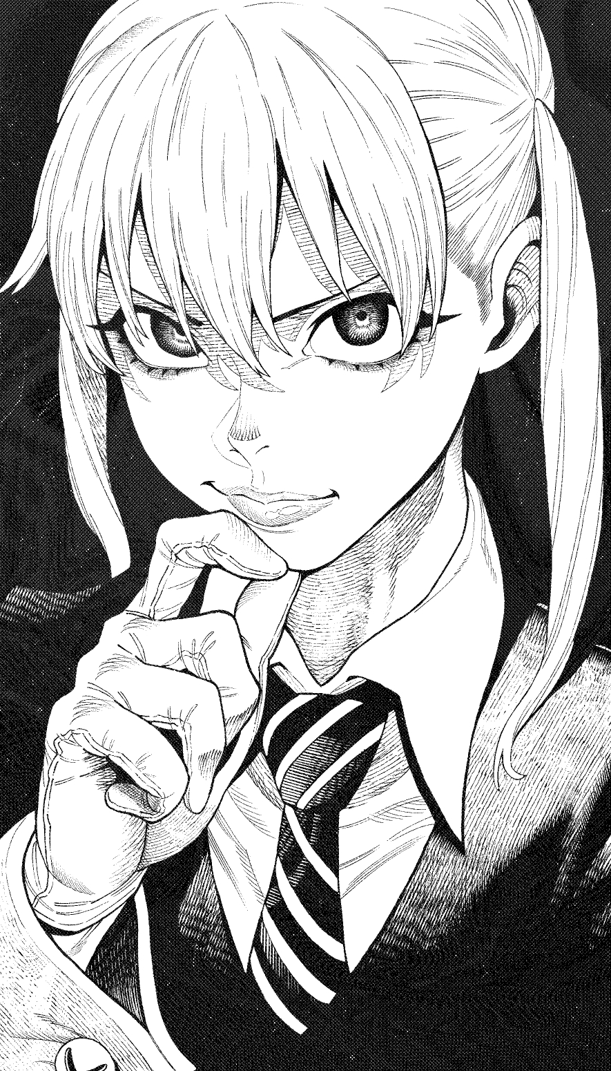 websake, maka albarn, soul eater, commentary, highres, 1girl, black background, collared shirt, gloves, greyscale, hand on own chin, jacket, light smile, lips, long sleeves, looking at viewer, medium hair, monochrome, necktie, portrait, shirt, solo, striped necktie, twintails, v-shaped eyebrows