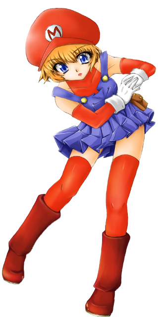 ochimusha, mario, mario (series), nintendo, gender request, 1girl, arm warmers, bare shoulders, blonde hair, blue eyes, boots, female focus, genderswap, gloves, hat, orange hair, short hair, simple background, skin tight, skirt, solo, tank top, thighhighs, zettai ryouiki