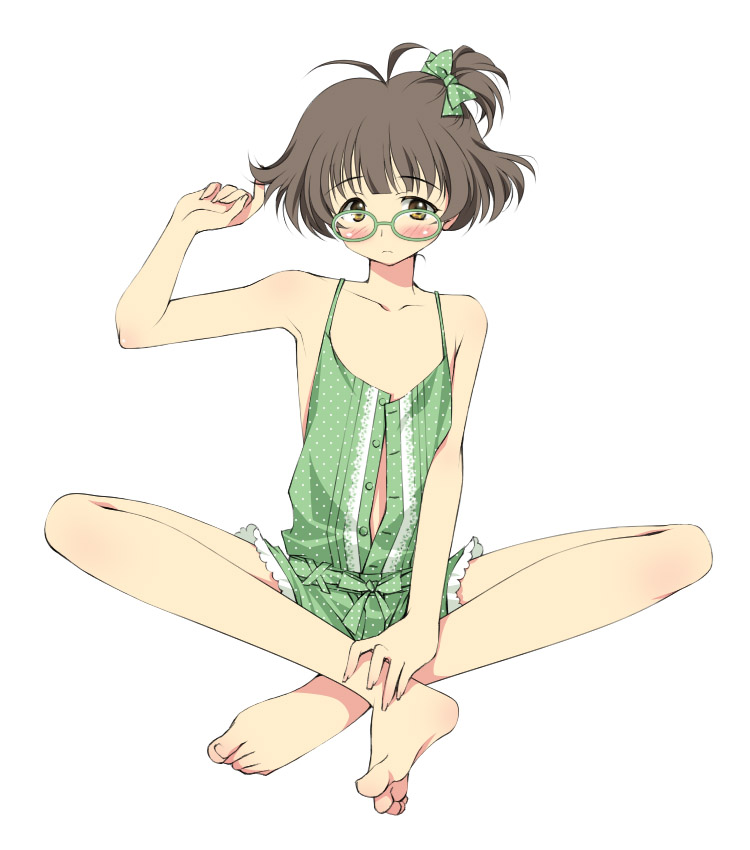 nano00, akizuki ryo, idolmaster, idolmaster dearly stars, 00s, 1boy, armpits, bare shoulders, barefoot, blush, bow, crossdressing, crossdressing (mtf), crossed legs, feet, full body, glasses, green eyes, hair bow, indian style, long legs, male focus, simple background, sitting, skinny, solo, trap, unbuttoned, white background