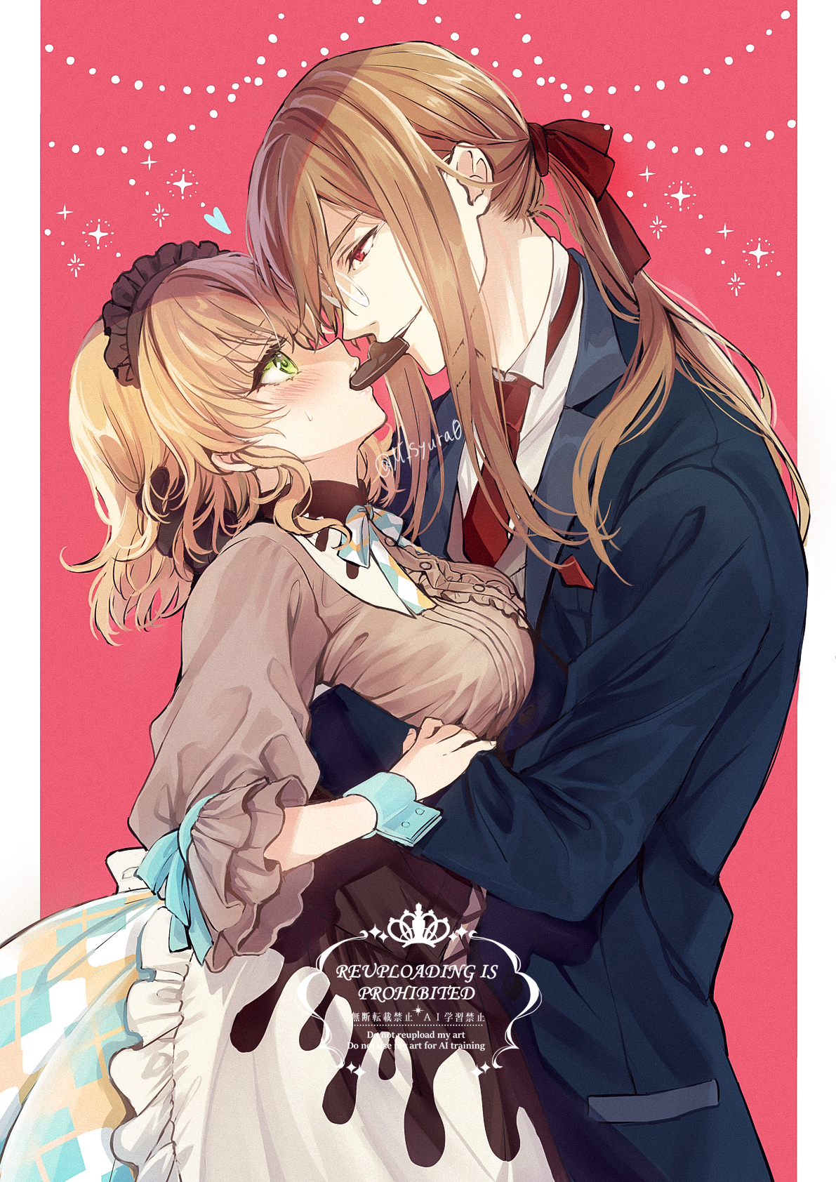 shuragyoku mami, jade curtiss, natalia luzu kimlasca lanvaldear, tales of (series), tales of the abyss, commentary request, highres, 1boy, 1girl, apron, blonde hair, blue coat, blue wrist cuffs, blush, border, breasts, brown dress, brown gloves, brown hair, brown hairband, candy, chocolate, chocolate heart, coat, cowboy shot, dress, eye contact, food, food in mouth, frilled apron, frilled hairband, frilled sleeves, frills, from side, glasses, gloves, green eyes, hair ribbon, hairband, hand in another's hair, hand on another's head, heart, heart-shaped food, height difference, hetero, hug, large breasts, leaning forward, long hair, long sleeves, looking at another, low ponytail, medium hair, mouth hold, necktie, outside border, pink background, ponytail, profile, red eyes, red necktie, red ribbon, ribbon, shirt, sparkle, sweatdrop, teeth hold, twitter username, valentine, vest, white apron, white border, white shirt, wrist cuffs