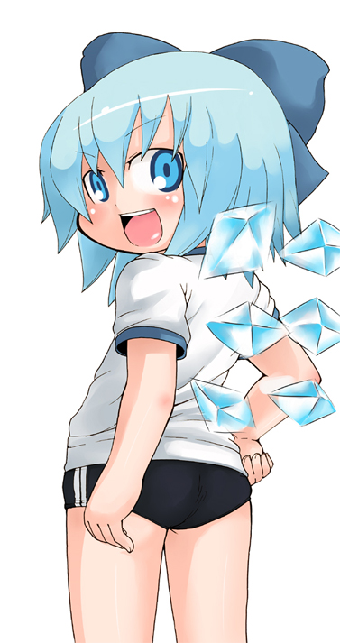 yoyoyoyou, cirno, touhou, source request, tagme, 1girl, blue eyes, blue hair, bow, buruma, female focus, looking back, short hair, solo, wings