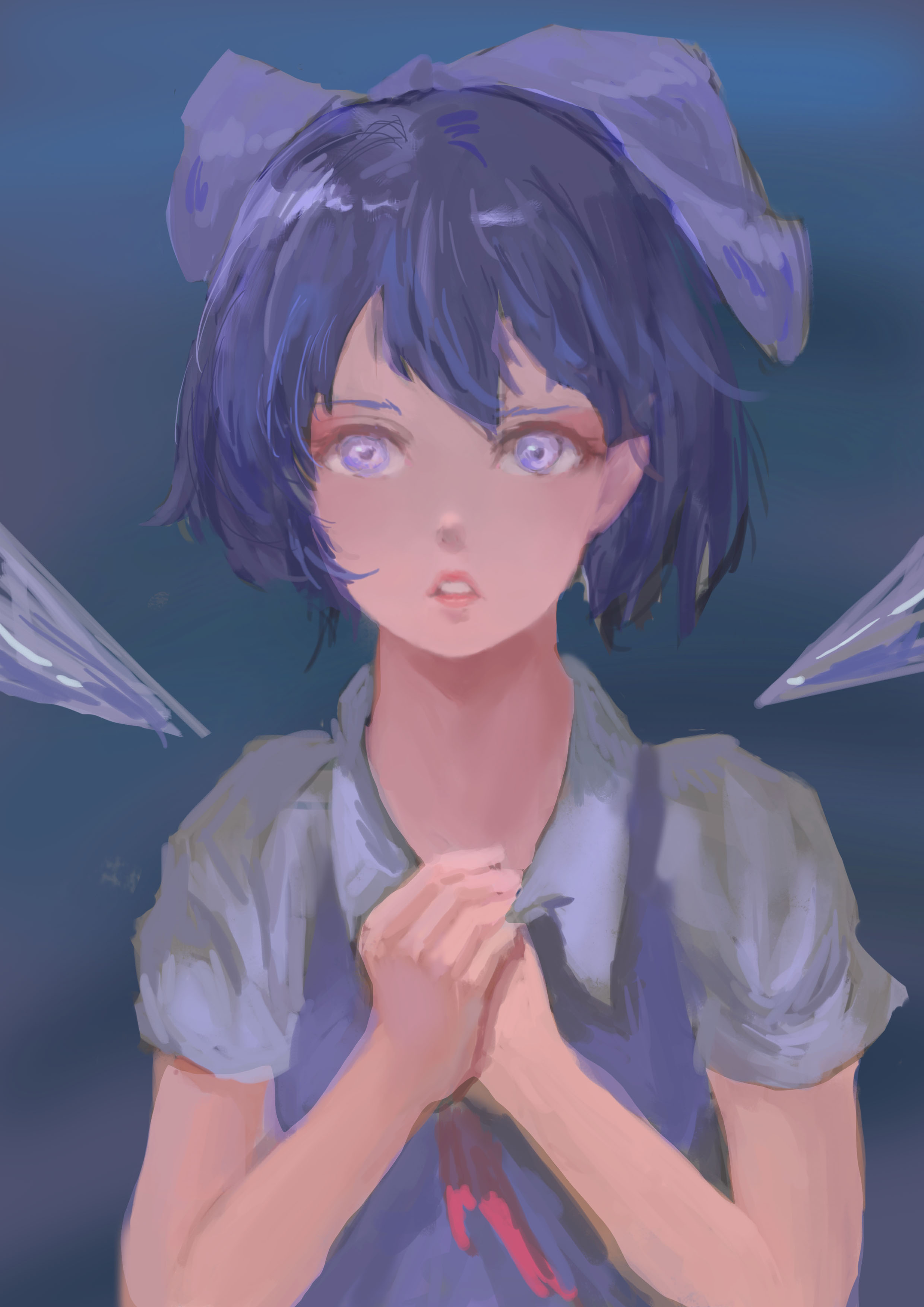 309766845, cirno, touhou, absurdres, highres, 1girl, blue background, blue bow, blue hair, blurry, blurry background, bow, collared dress, detached wings, dress, hair bow, ice, ice wings, looking at viewer, neck ribbon, own hands together, painterly, puffy short sleeves, puffy sleeves, ribbon, short hair, short sleeves, solo, upper body, wings