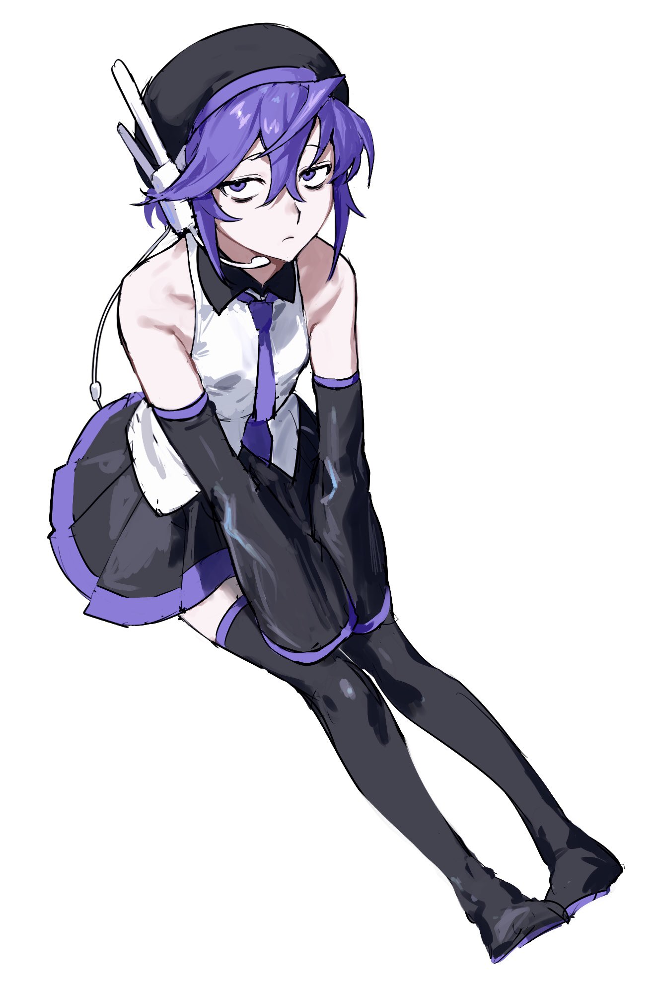 aa kabeuchi, utane uta, utau, highres, 1girl, ahoge, bare shoulders, black boots, black skirt, boots, closed mouth, collared shirt, expressionless, full body, hair between eyes, headset, looking at viewer, necktie, pleated skirt, purple eyes, purple hair, purple necktie, shirt, short hair, simple background, sitting, skirt, sleeveless, sleeveless shirt, solo, thigh boots, thighhighs, white background, white shirt, zettai ryouiki