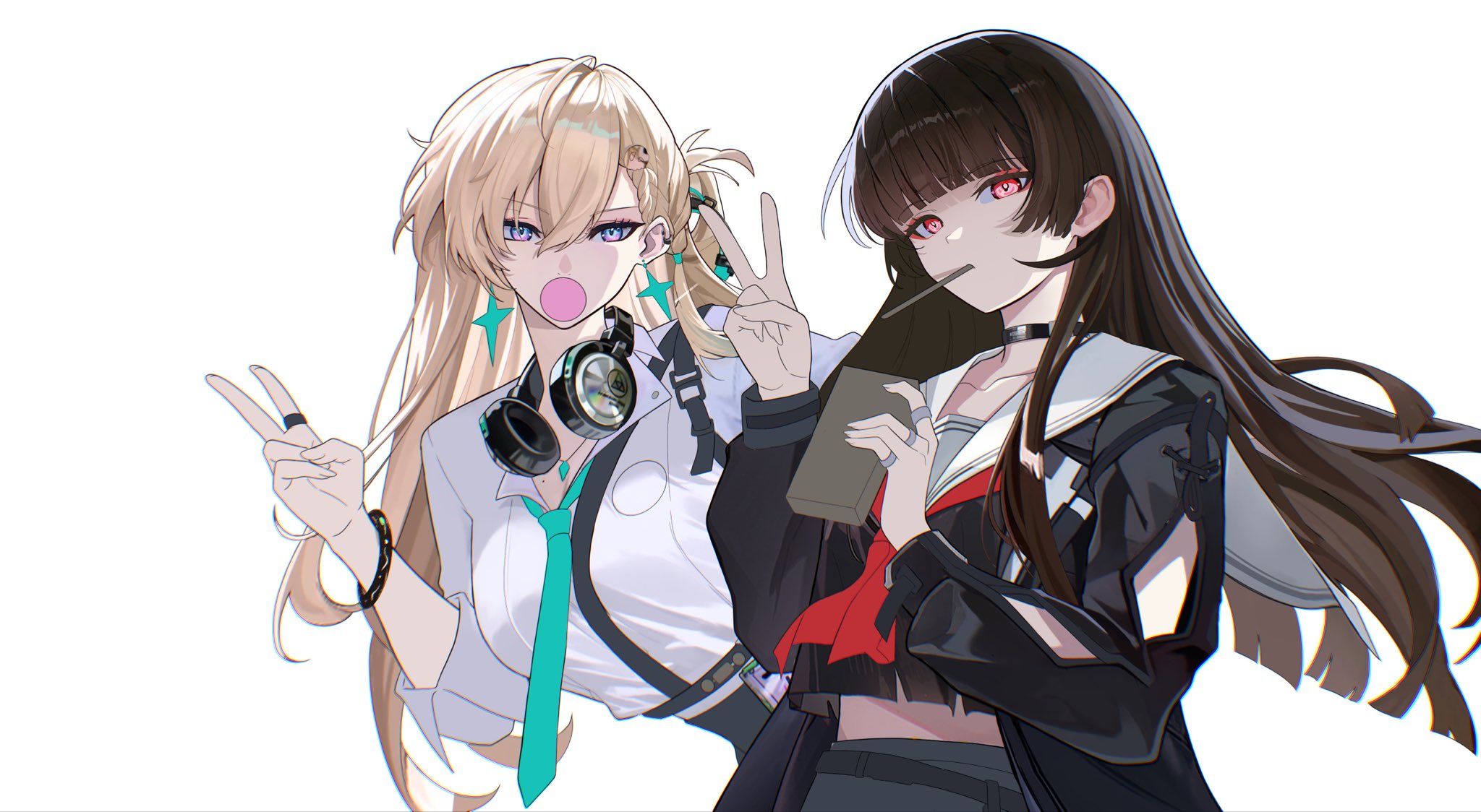 nervi fd, chisa (wuthering waves), lynae (wuthering waves), wuthering waves, commentary, english commentary, highres, unfinished, 2girls, aqua necktie, arm cutout, black choker, black hair, black jacket, black shirt, blonde hair, blowing bubble gum, blue eyes, blunt bangs, breasts, bright pupils, chewing gum, choker, clothing cutout, collarbone, collared shirt, earrings, food, food in mouth, hair between eyes, hand up, jacket, jewelry, large breasts, long hair, long sleeves, looking at viewer, multicolored eyes, multiple girls, neckerchief, necktie, pocky, pocky in mouth, purple eyes, red eyes, red neckerchief, shirt, simple background, star (symbol), star earrings, two-tone eyes, v, white background, white pupils, white shirt