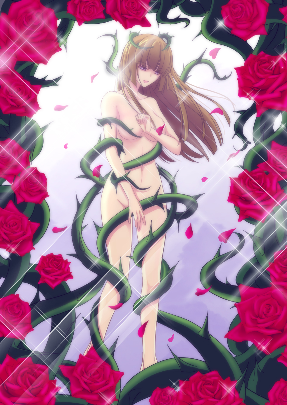 youshuu, ushiromiya rosa, umineko no naku koro ni, highres, 00s, 1girl, blonde hair, breasts, censored, convenient censoring, female focus, flower, hime cut, legs, nude, rose, solo, sparkle, thorns