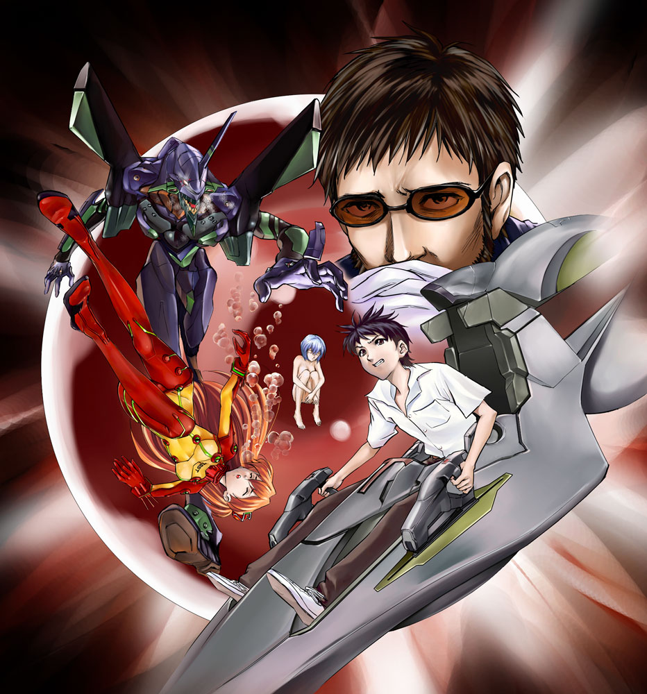maruyama, ayanami rei, eva 01, ikari gendou, ikari shinji, souryuu asuka langley, neon genesis evangelion, rebuild of evangelion, 00s, 2boys, 2girls, age difference, father and son, gendou pose, hands clasped, mecha pilot suit, multicolored bodysuit, multiple boys, multiple girls, nude, own hands clasped, own hands together, plugsuit (evangelion), test plugsuit (evangelion), two-tone bodysuit