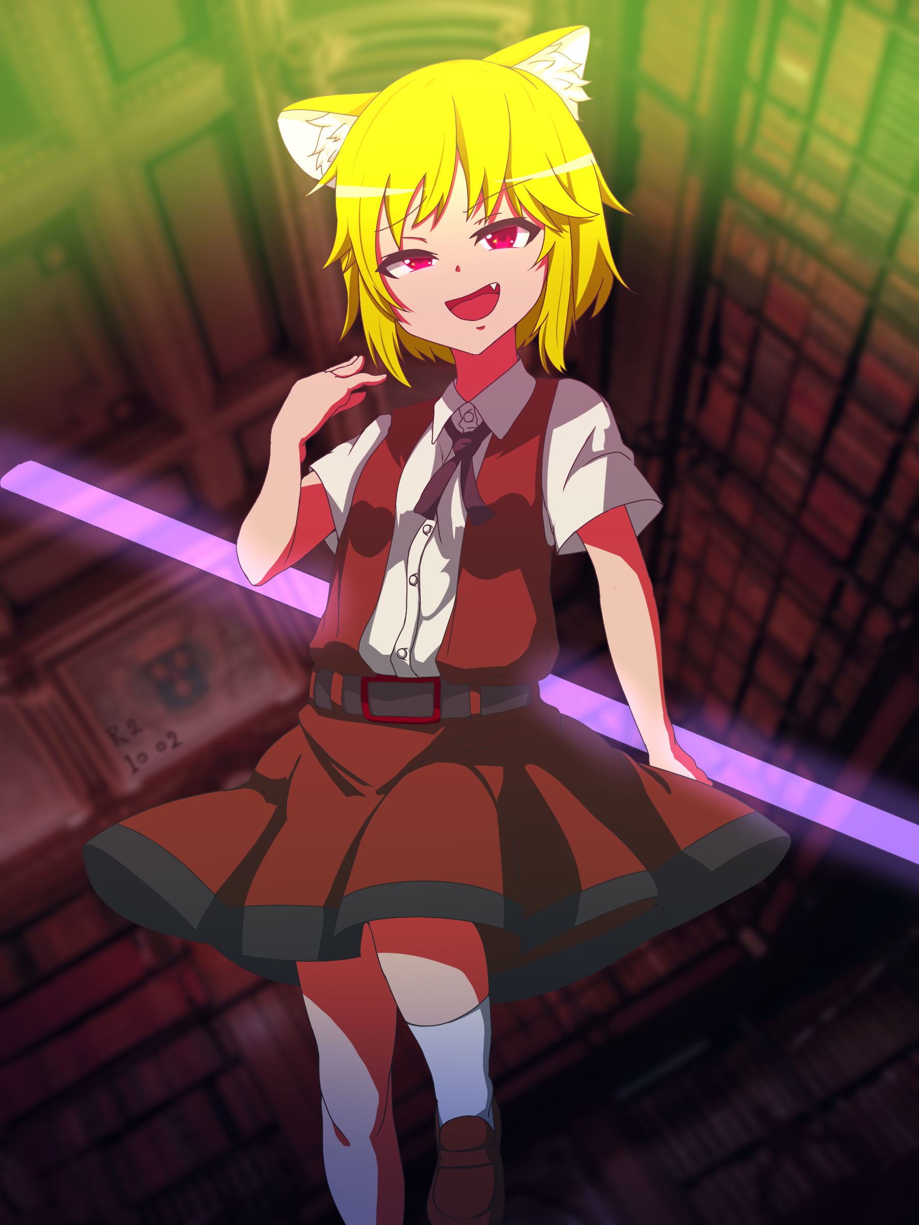 nickel 0114, miramikaru riran, cookie (touhou), absurdres, commentary request, highres, revision, 1girl, animal ear fluff, animal ears, asymmetrical hair, belt, black belt, blonde hair, bow, bowtie, breasts, brown bow, brown bowtie, brown shoes, brown skirt, brown vest, collared shirt, fang, foot out of frame, fox ears, fox girl, holding, indoors, library, looking at viewer, open mouth, raised eyebrows, red eyes, shirt, shoes, short hair, short sleeves, skirt, small breasts, smile, smug, socks, solo, vest, white shirt, white socks