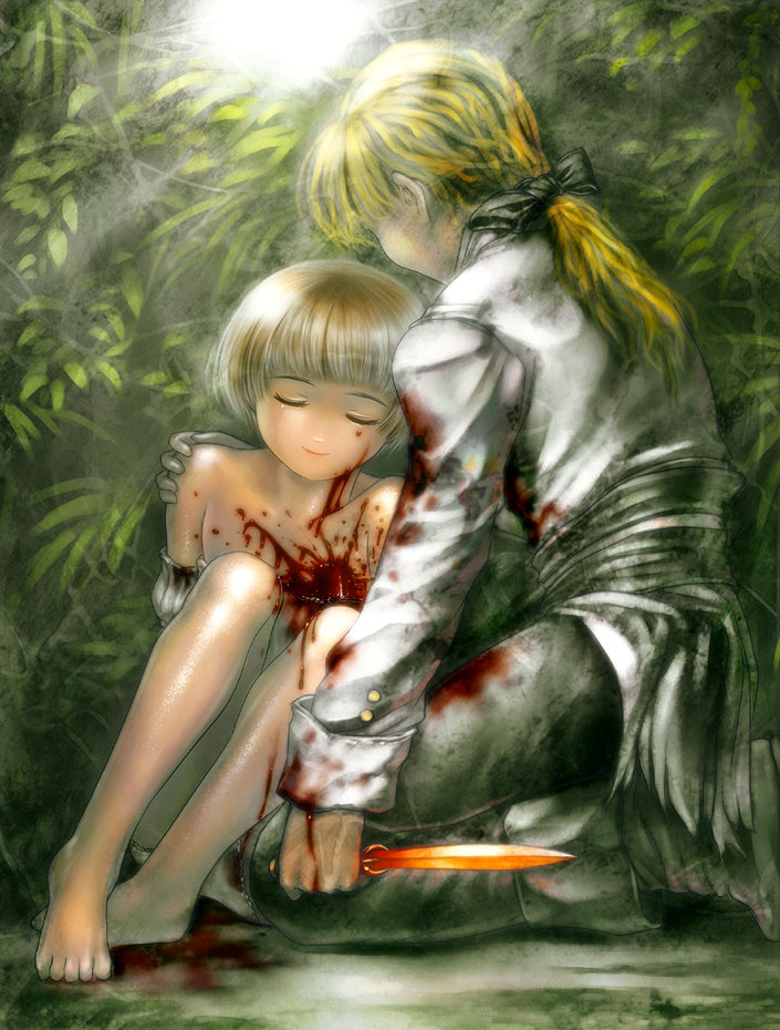 s zenith lee, original, 1boy, 1girl, barefoot, blonde hair, blood, closed eyes, death, feet, guro, hug, kneeling, knife, reverse grip, tears, toes