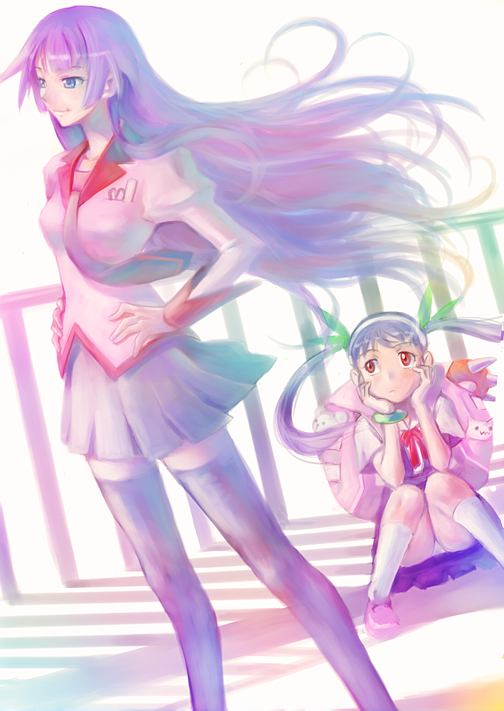 yusao, hachikuji mayoi, senjougahara hitagi, bakemonogatari, monogatari (series), 00s, backpack, bag, black hair, blue eyes, hands on own hips, long hair, necktie, panties, pantyshot, purple hair, randoseru, red eyes, school uniform, scissors, shoes, skirt, socks, stationery, stuffed animal, stuffed toy, teddy bear, thighhighs, underwear, zettai ryouiki