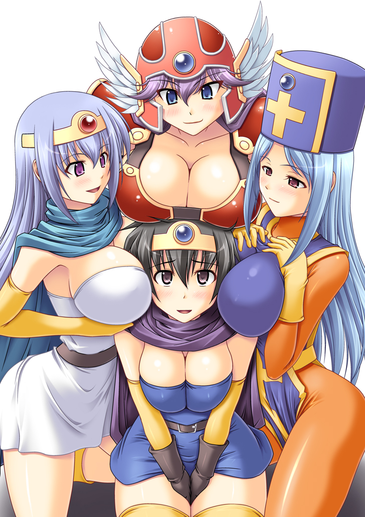 abu, priest (dq3), roto (dq3), sage (dq3), warrior (dq3), chunsoft, dragon quest, dragon quest iii, enix, 4girls, armor, belt, bikini armor, black hair, blue hair, blue hat, blue tabard, blush, bodysuit, breast rest, breast smother, breast suppress, breasts, breasts on head, brown eyes, cape, circlet, cleavage, cooperative breast smother, elbow gloves, face to breasts, girl sandwich, gloves, harem, hat, head wings, helmet, large breasts, latex, latex gloves, long hair, mitre, multiple girls, open mouth, purple eyes, purple hair, sandwiched, short hair, smile, tabard, teamwork (sexual), thighhighs, wings, zettai ryouiki