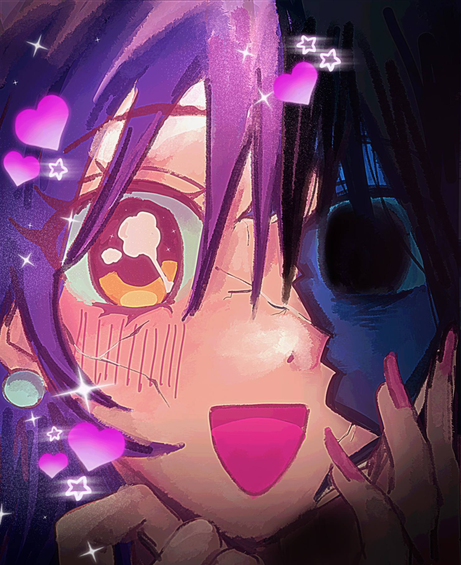 minako (vivinos), pink bitch club, commentary, hashtag-only commentary, highres, 1girl, black eyes, blue hair, cracked kawaii mask, cracked mask, fingernails, heart, long fingernails, open mouth, pink nails, pokryakk, smile, star (symbol), yellow eyes