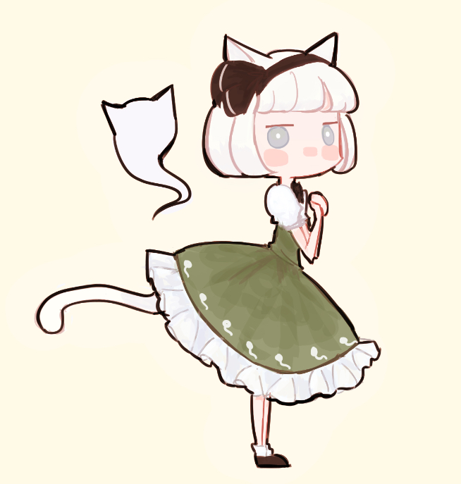 konpaku youmu, touhou, commentary request, 1girl, animal ears, black bow, black bowtie, black hairband, blush, bob cut, bow, bowtie, cat ears, cat tail, chibi, dress, frilled dress, frills, from side, full body, ghost, green dress, grey hair, hairband, looking to the side, no mouth, nose blush, own hands together, puffy short sleeves, puffy sleeves, short sleeves, simple background, solo, tail, youmulover