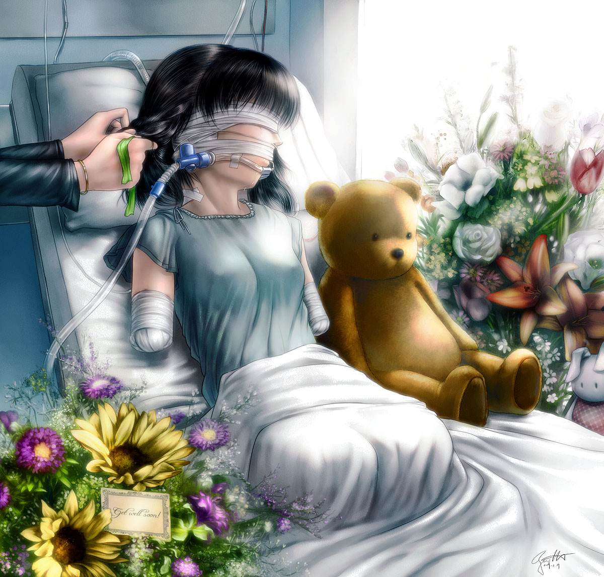 s zenith lee, original, commentary, amputee, bandages, bed, black hair, card, flower, hairdressing, hospital, hospital bed, quadruple amputee, saliva, stuffed animal, stuffed toy, tears, teddy bear, tube
