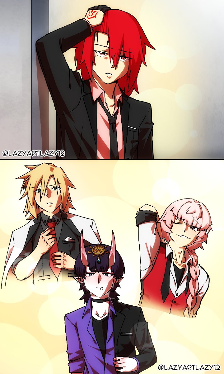 lazyartlazy12, astolfo (fate), fujimaru ritsuka (female), mordred (fate), shuten douji (fate), fate/grand order, fate (series), commentary, english commentary, highres, 1boy, 3girls, bishounen, black necktie, black shirt, blonde hair, blush, earrings, jewelry, long hair, looking at viewer, multiple girls, necktie, pink hair, purple eyes, purple shirt, red eyes, red hair, red necktie, red shirt, shirt, taida (lazyartlazy12)