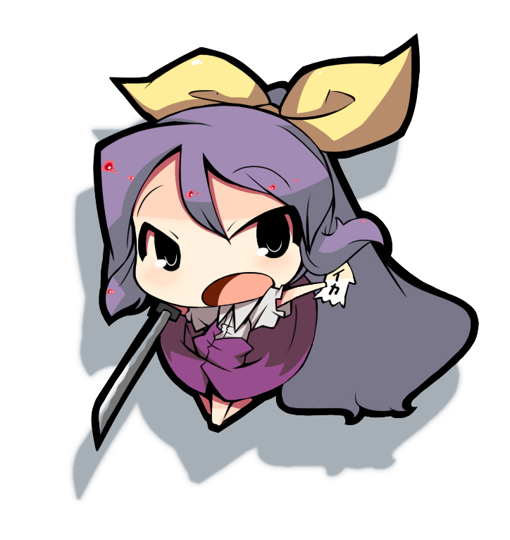 yofukashi, watatsuki no yorihime, silent sinner in blue, touhou, 1girl, chibi, female focus, full body, hair ribbon, long hair, ponytail, purple hair, ribbon, solo, sword, weapon, white background